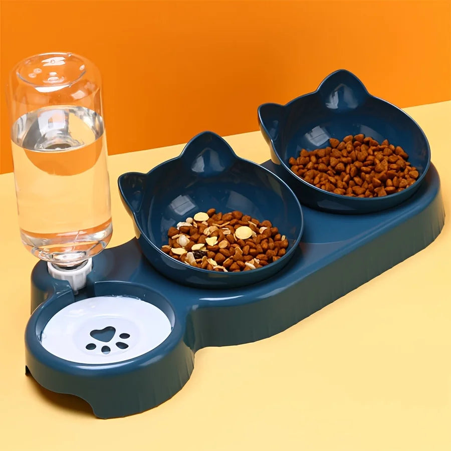3-in-1 Cat Food and Water Bowl Set with Gravity Feeder