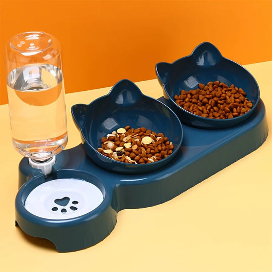 3-in-1 Cat Food and Water Bowl Set with Gravity Feeder